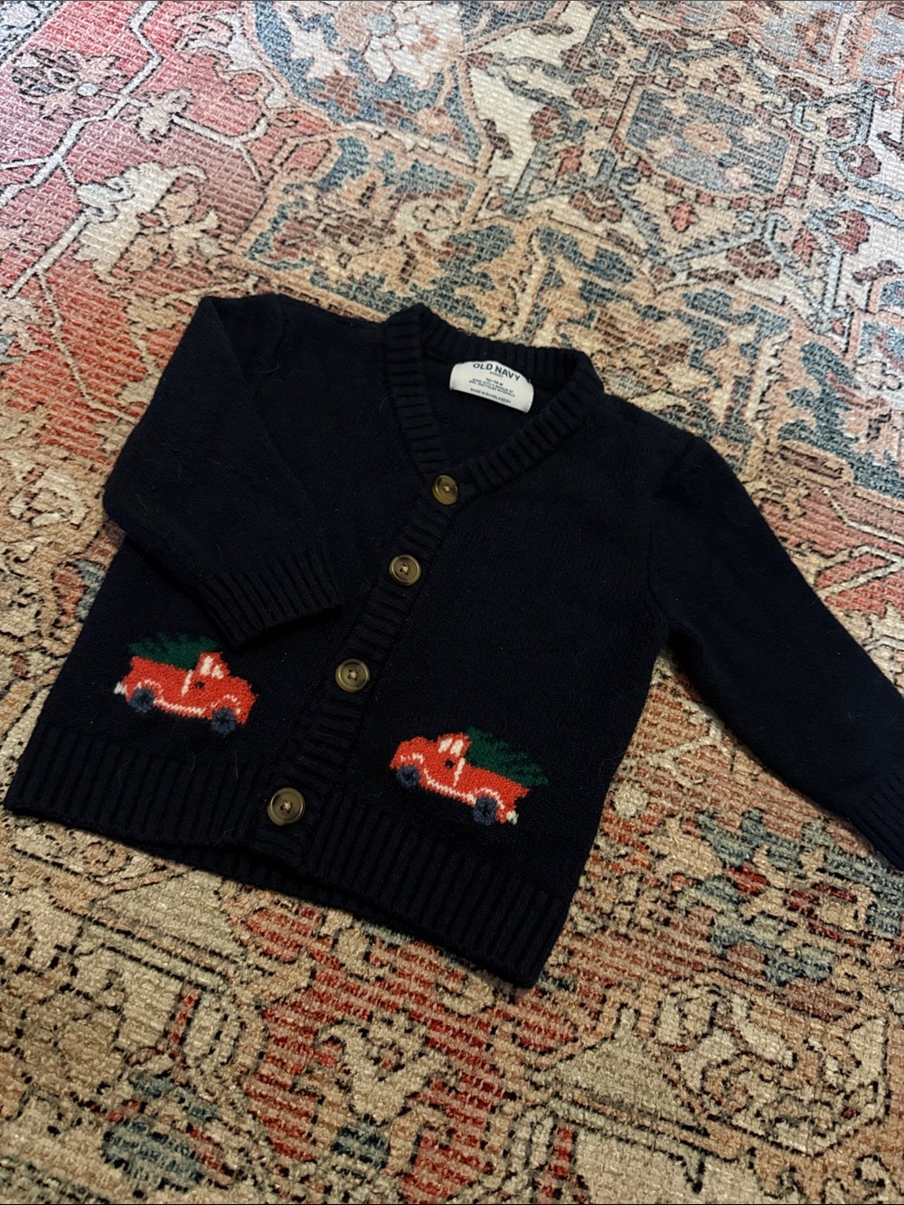 Old Navy Navy Blue Knit Kids Cardigan with Red Car Motif